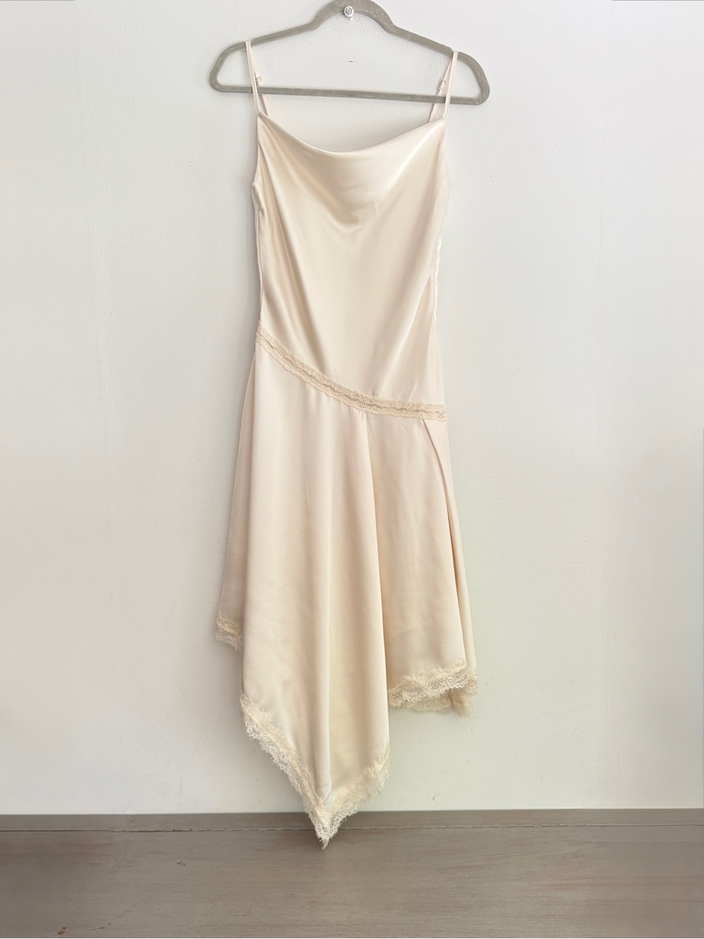 Peppermayo Cleosa Asymmetrical Lace Satin Midi Dress Ivory Beige Size S US 4